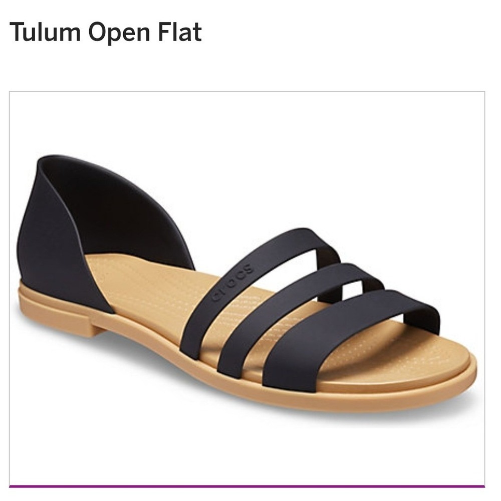 Crocs Tulum Open Toe Flat Sandal Womens Black Tan Strappy Flat Sandals 206109